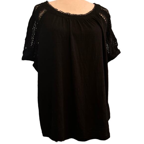 Skies are Blue Black Crochet Sleeve Blouse, Short Sleeve Boho, Plus Size 1X - Picture 1 of 4